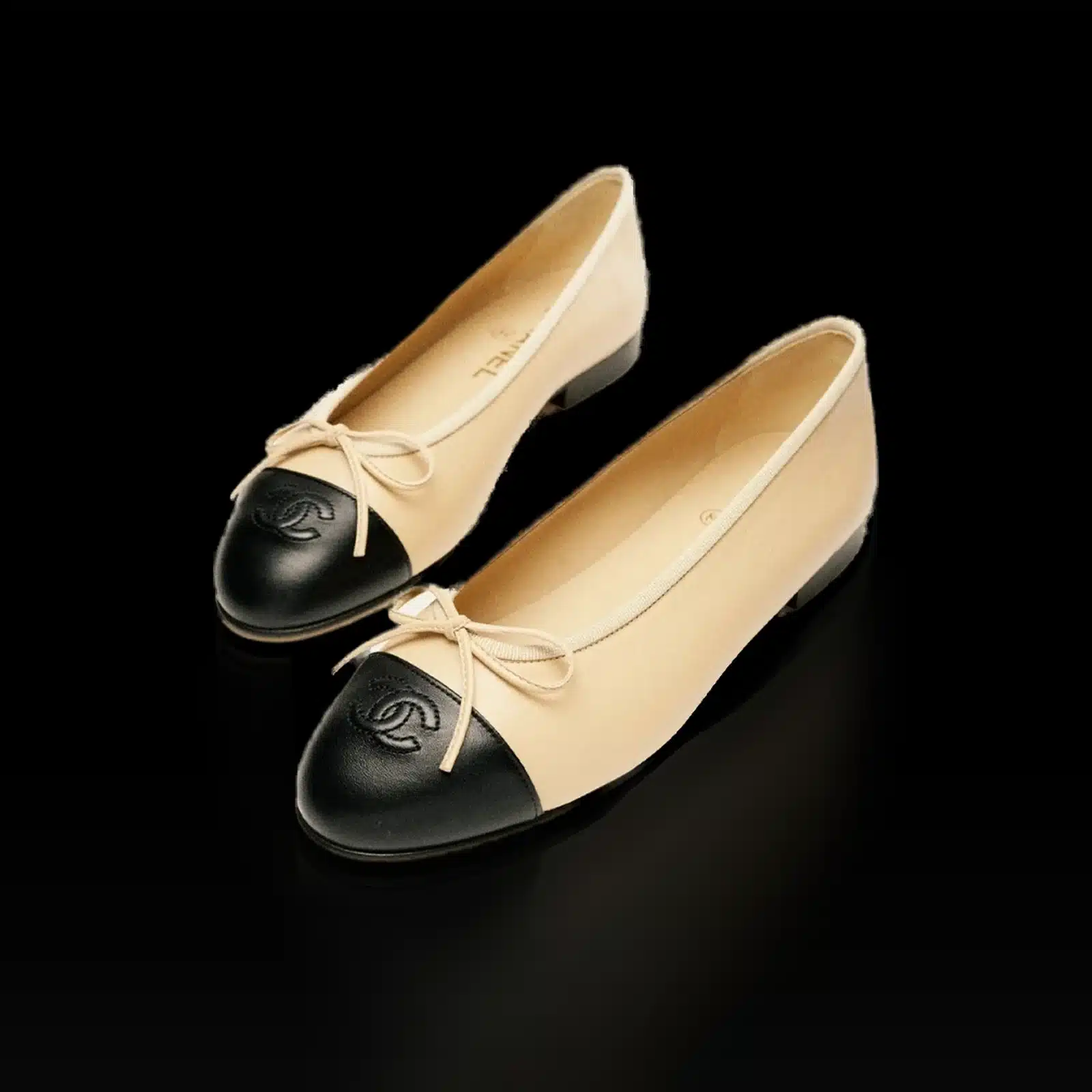 Chanel Ballet Flats Beige and Black with CC Toe Cap – Size 36.5 – 2