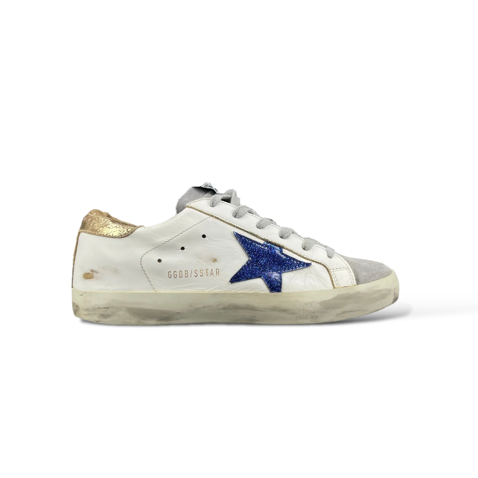 Baskets Golden Goose Super Star Blanc, Étoile Bleue Pailletée et Contrefort Doré – Taille 37