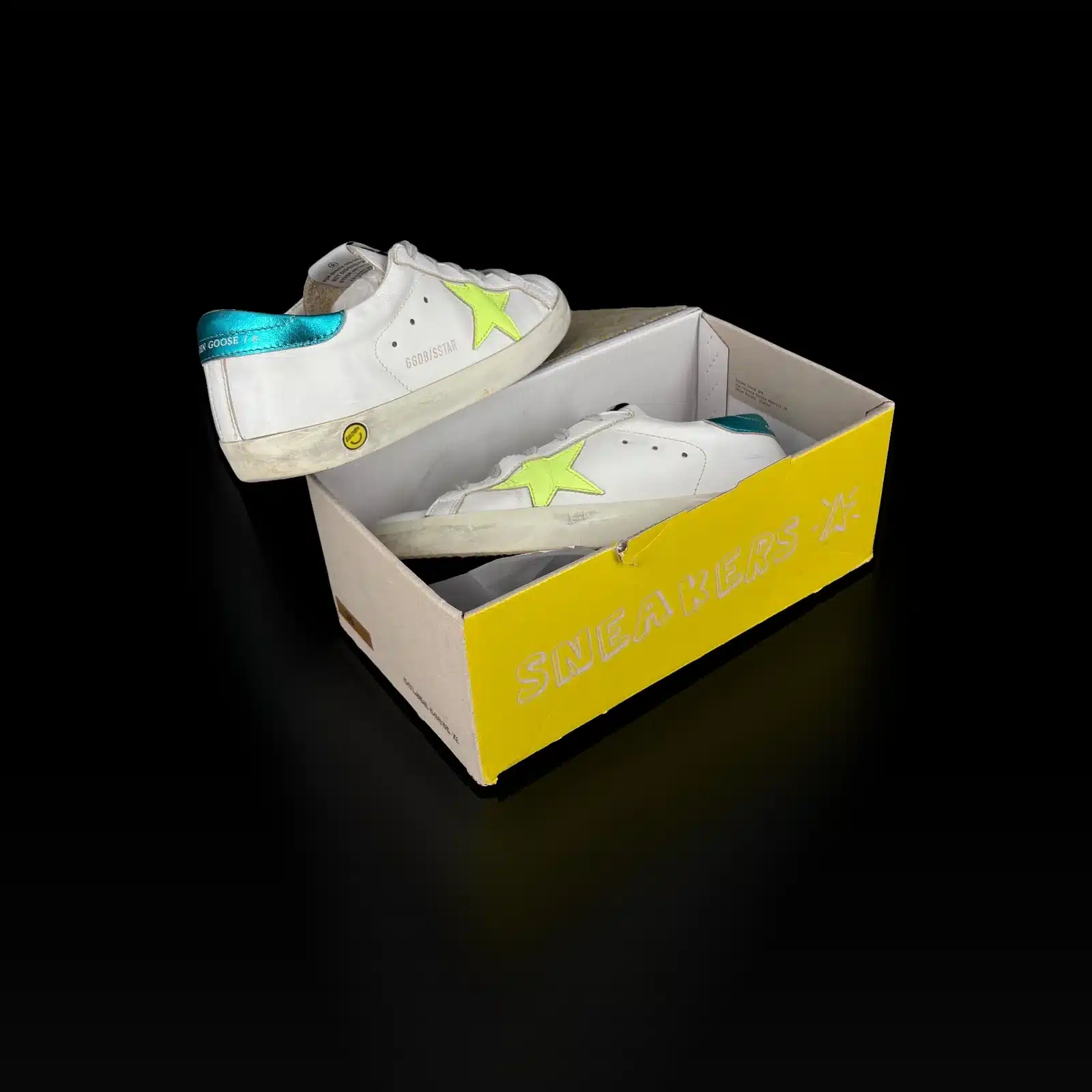 Baskets Golden Goose Super Star Blanc, Jaune Fluo et Bleu Canard – Taille 35