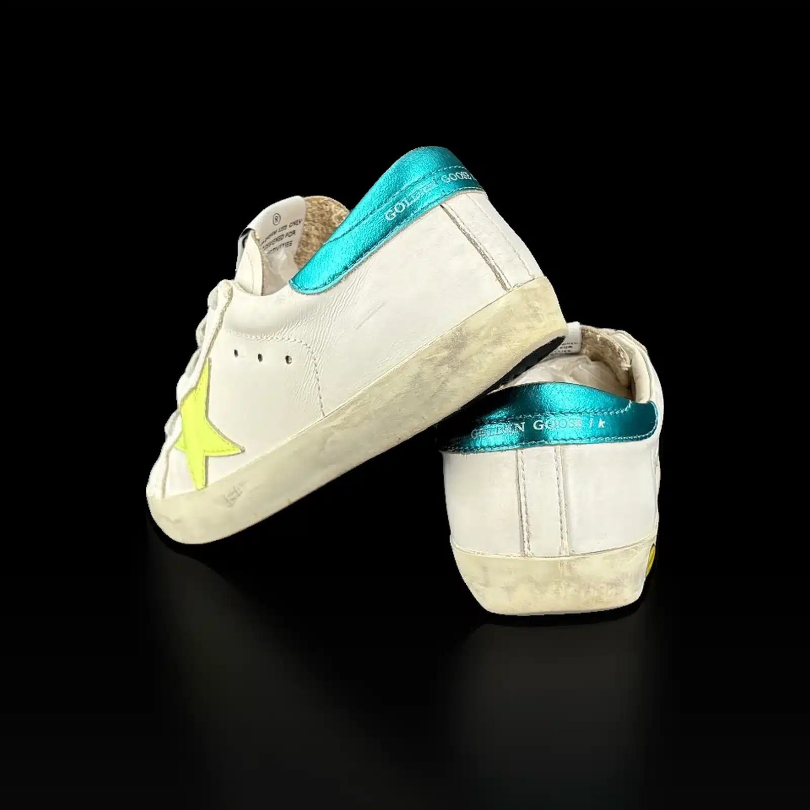 Baskets Golden Goose Super Star vues de l'arrière, contreforts bleu canard métallisés