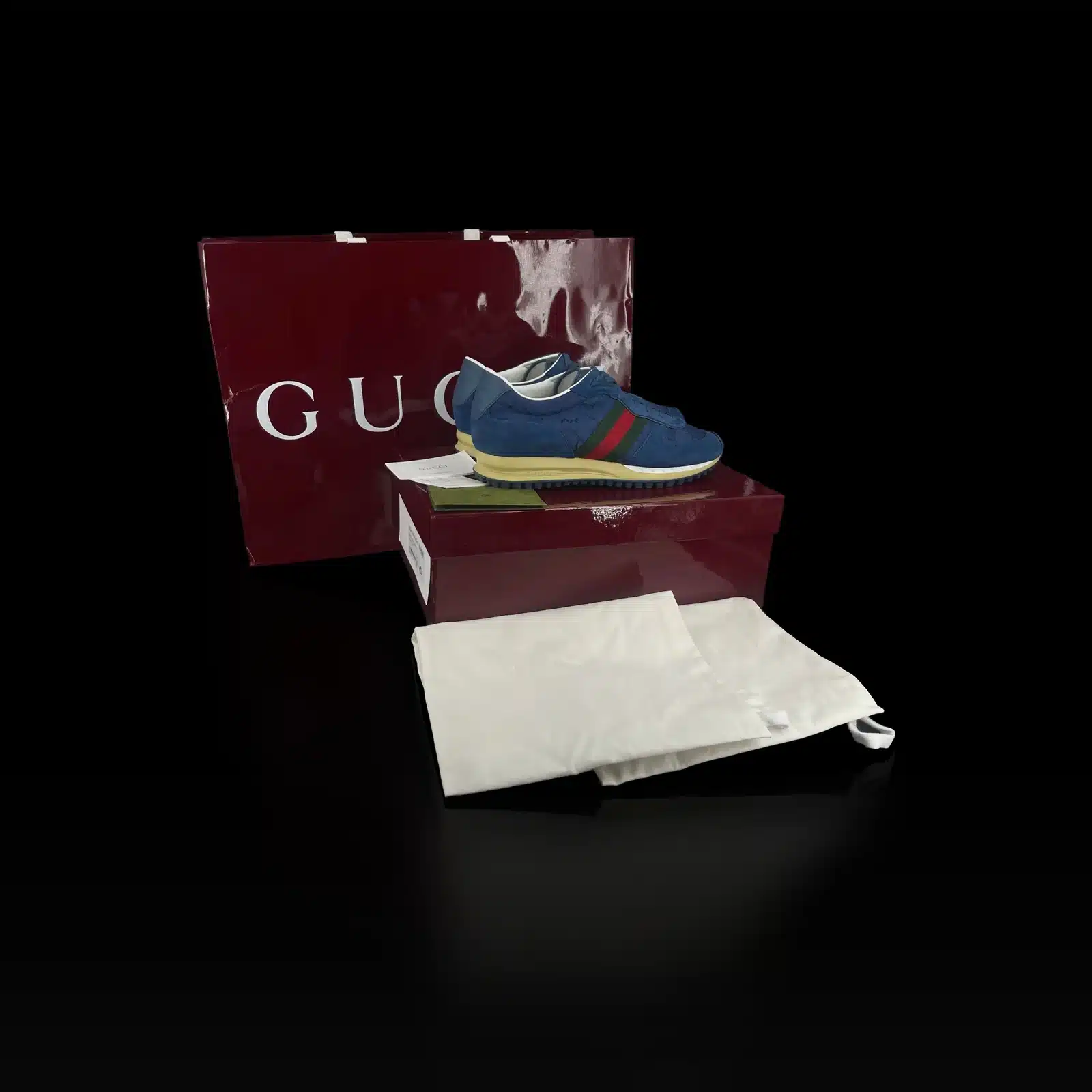 Gucci GG Sneakers Blue Canvas and Suede with Web Stripe – Size 42 – 6