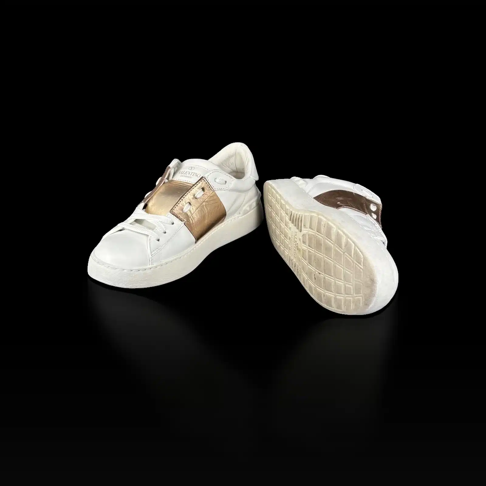 Baskets Valentino Open blanc et rose gold avec semelle quadrillée et logo Valentino