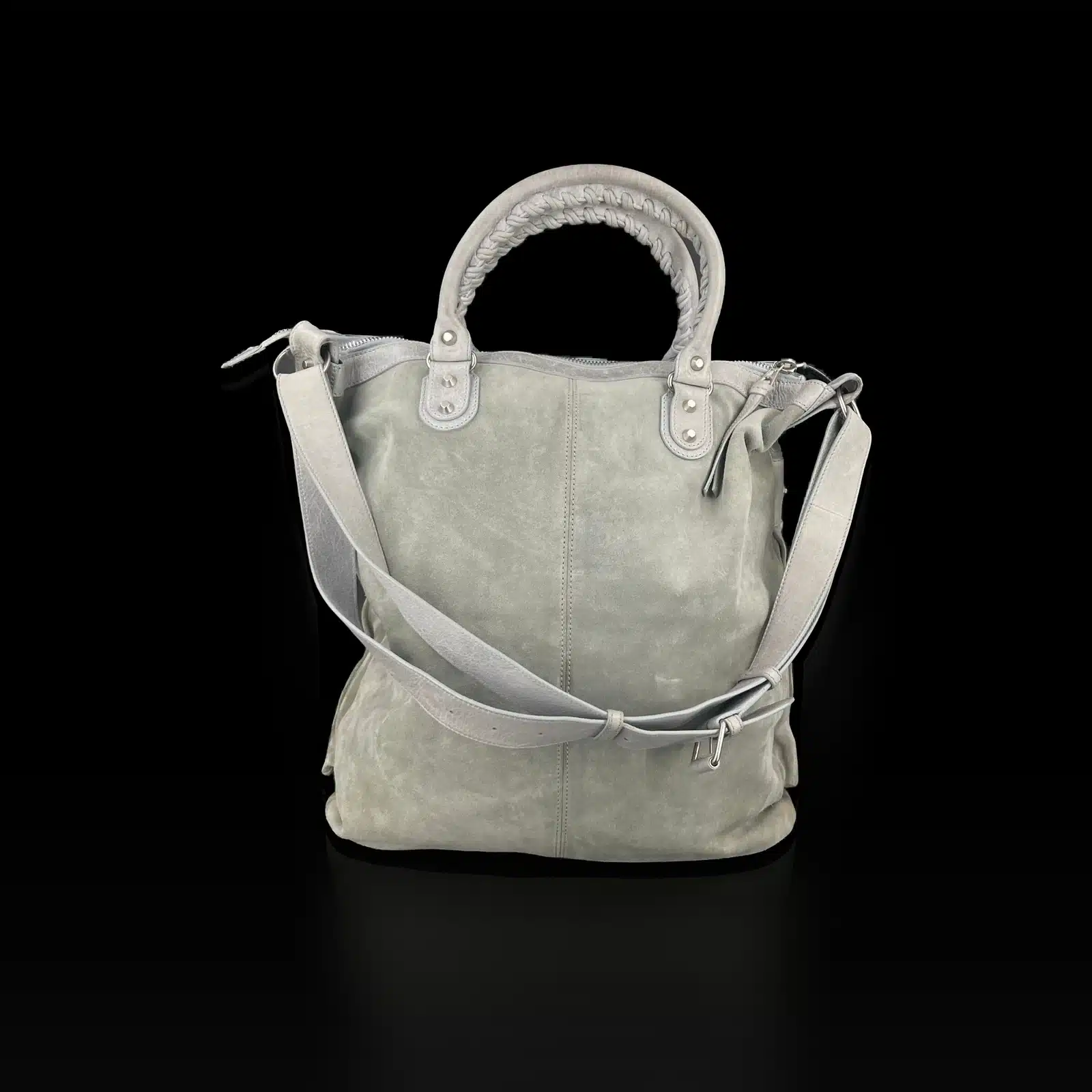 Dos du cabas Balenciaga en daim gris avec sangle en cuir réglable