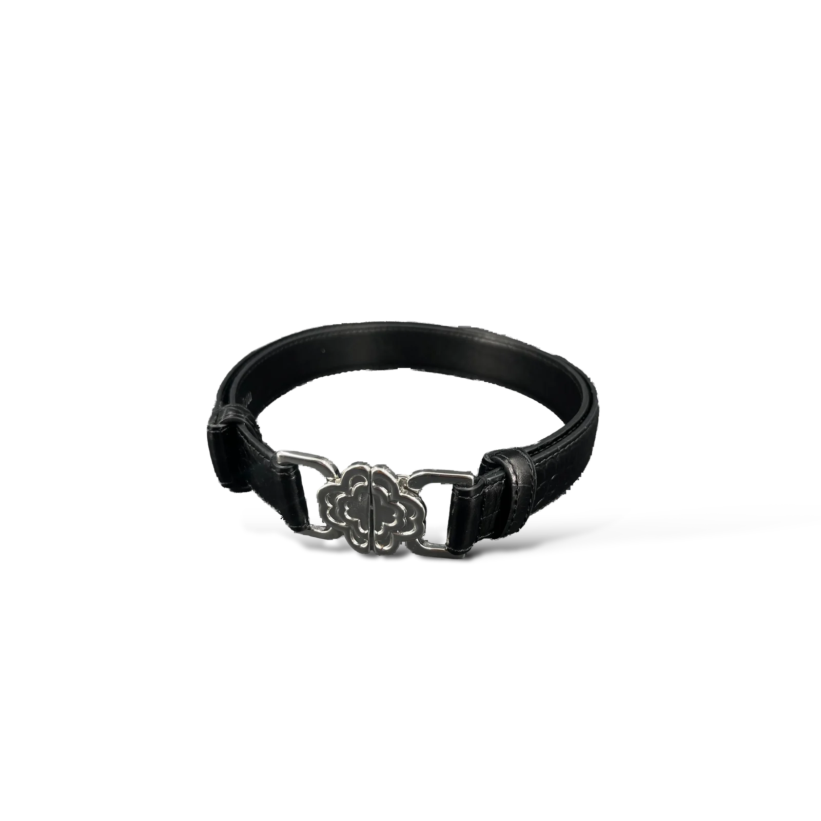 Ceinture Maje Cuir Effet Croco Noir Boucle Trèfle Argentée – Taille M