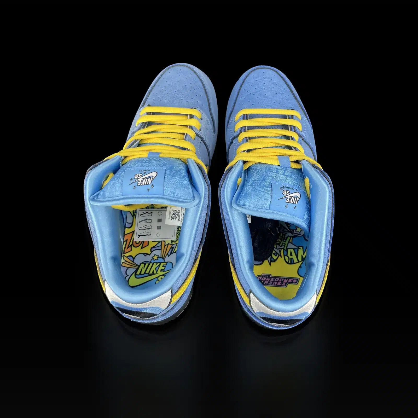 Nike SB Dunk Low Powerpuff Girls Bubbles vues de dessus, semelles intérieures illustrées
