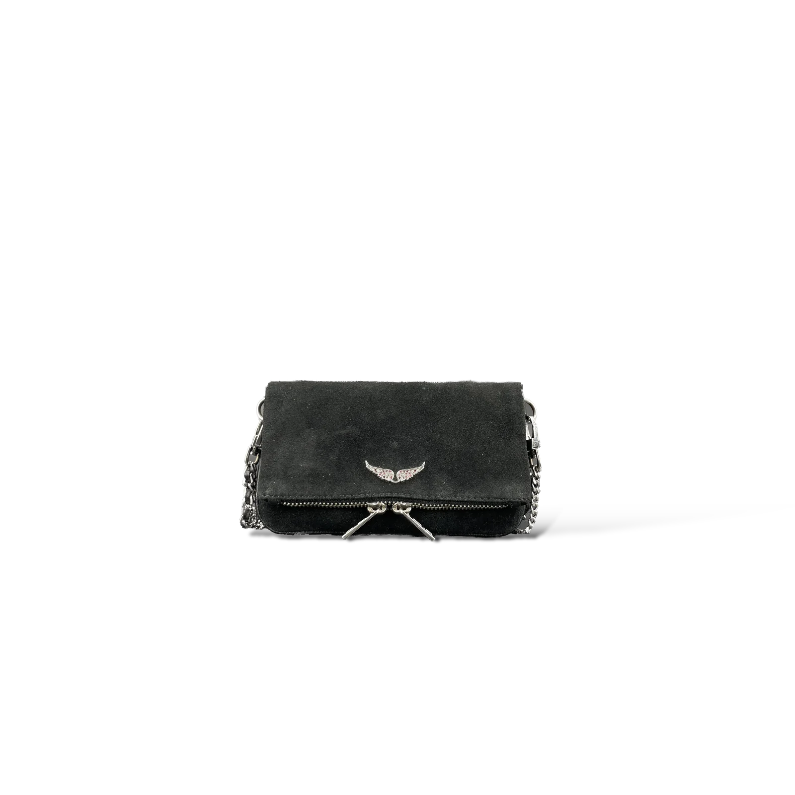 Pochette Zadig et Voltaire Rock Mini en Daim Noir – Ailes Strass