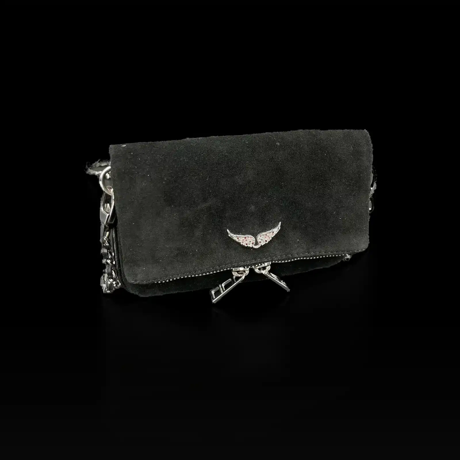 Pochette Zadig et Voltaire Rock Mini en daim noir, vue de trois quarts côté chaîne