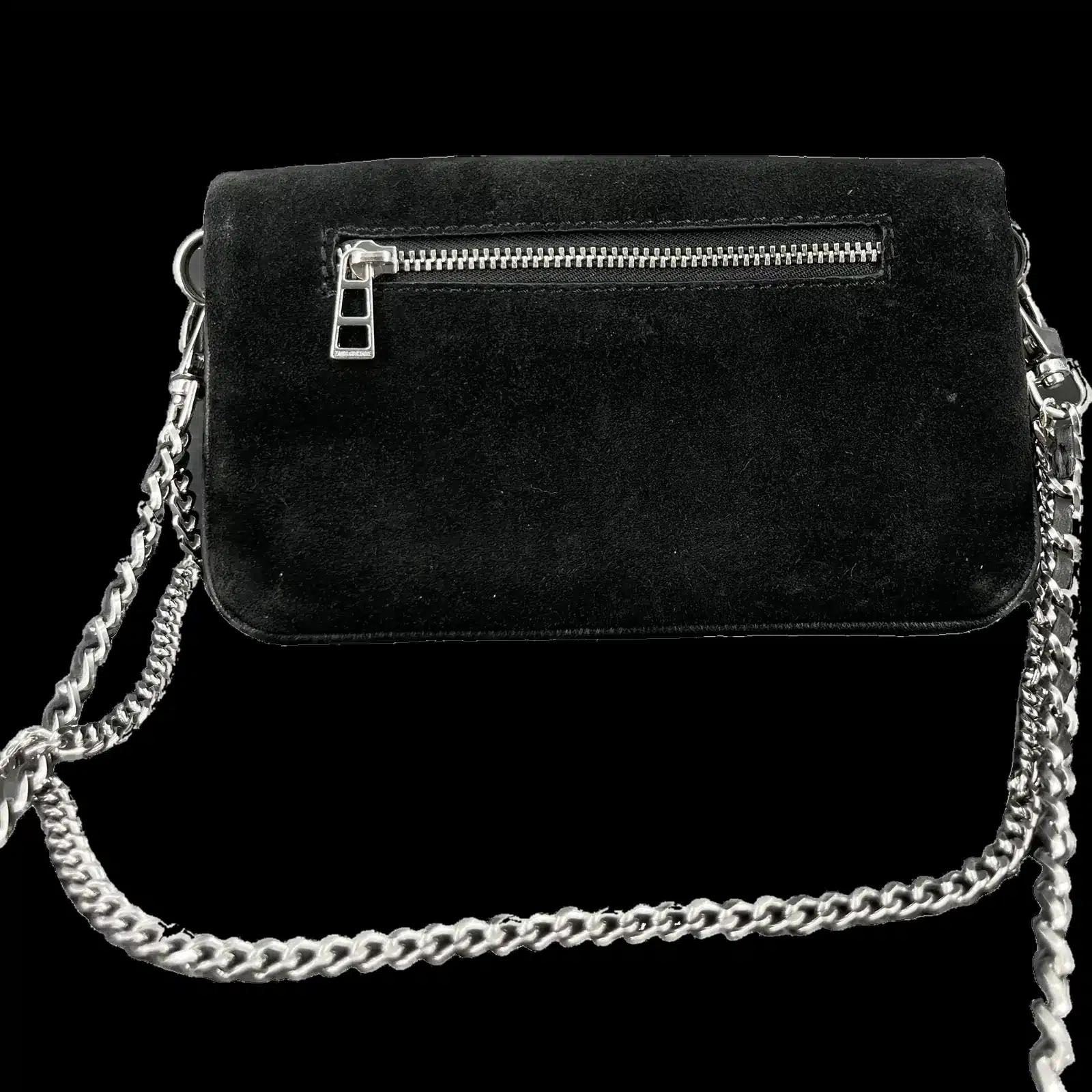 Dos de la pochette Zadig et Voltaire Rock Mini avec poche zippée et double chaîne argentée