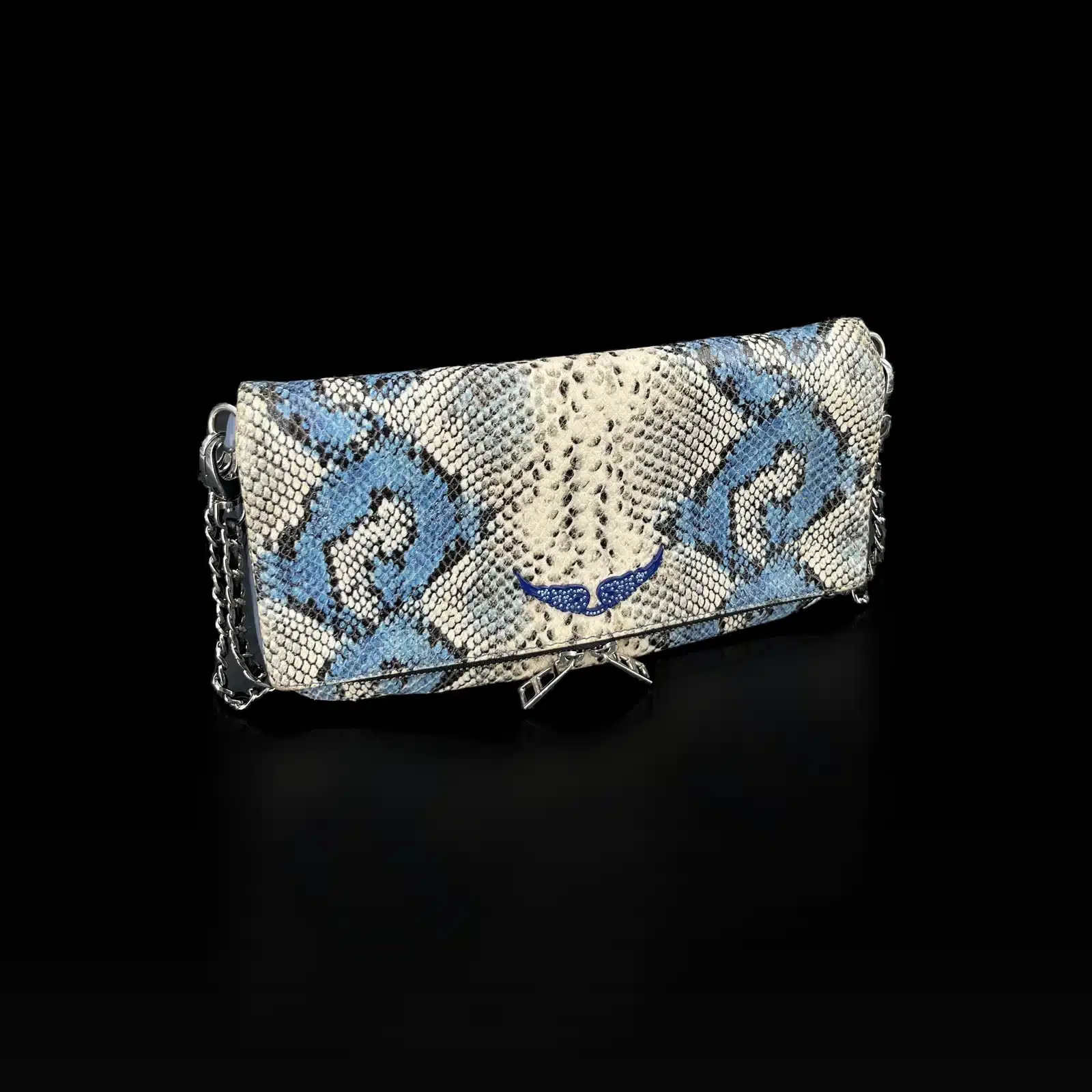 Pochette Zadig et Voltaire Rock bleu et beige avec ailes bleues en strass