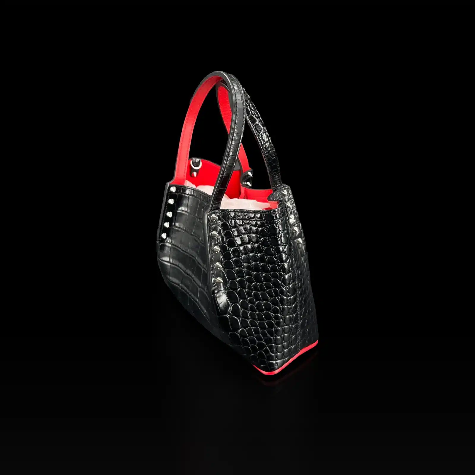 Borsa Christian Louboutin Cabata Nera Effetto Coccodrillo con Borchie – Taglia Medium – 2