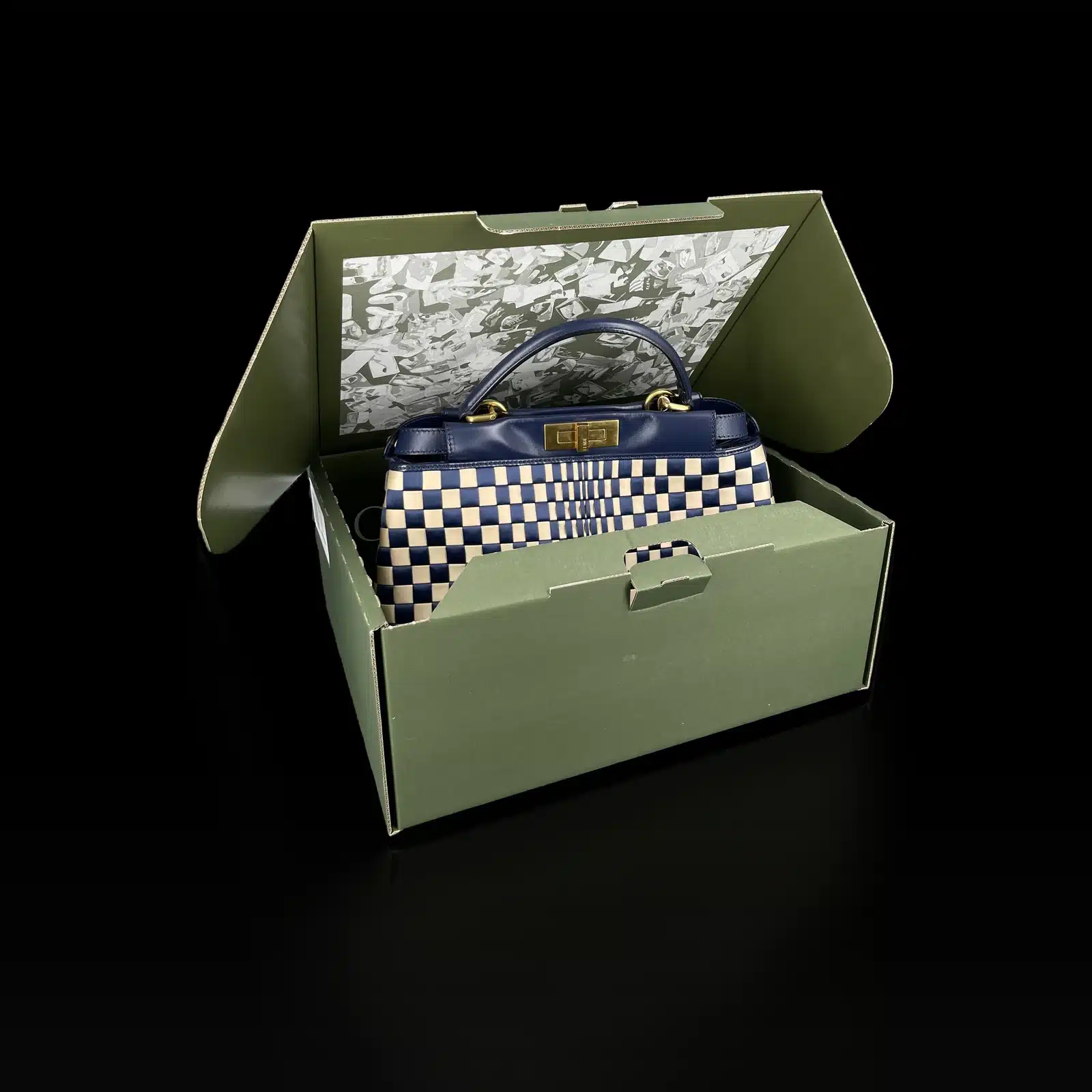 Sac Fendi Peekaboo Medium Tressé Bleu Marine et Beige