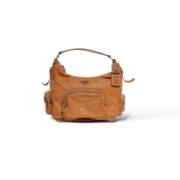 Prada Hobo Bag in Camel Distressed Leather with Zip Pockets – Size Small