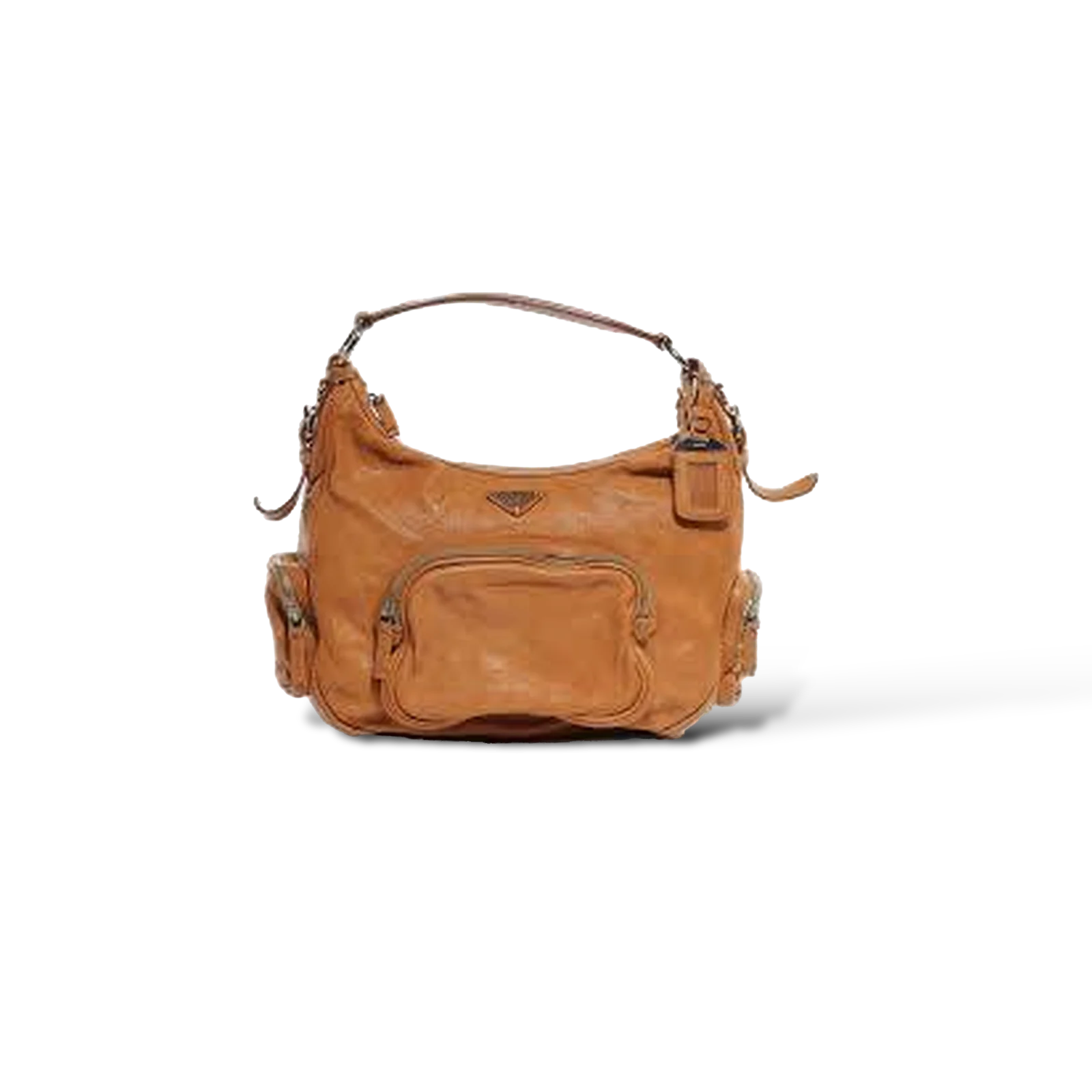 Sac Hobo Prada en Cuir Vieilli Camel à Poches Zippées – Taille Small