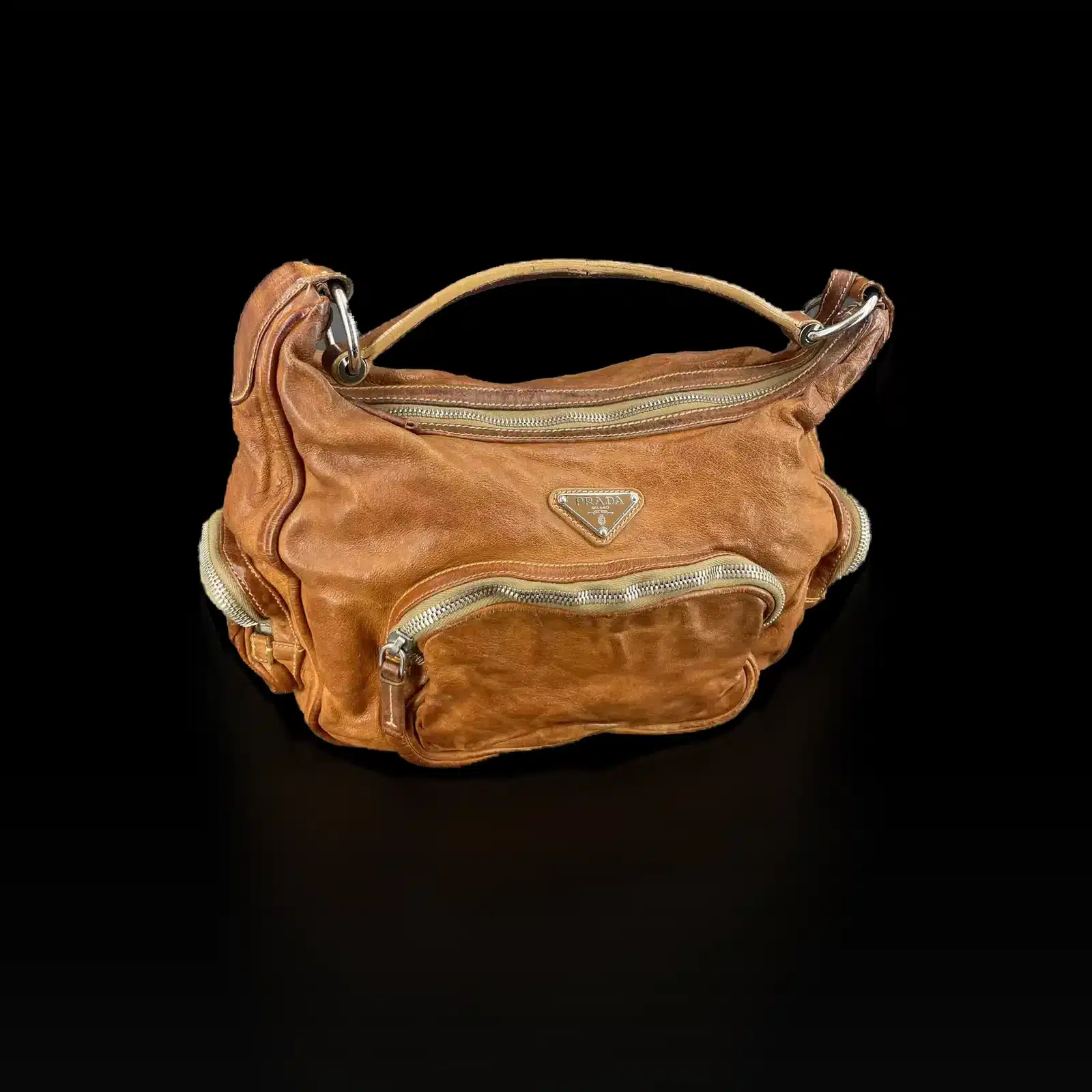 Prada Hobo Bag in Camel Distressed Leather with Zip Pockets – Size Small – 2