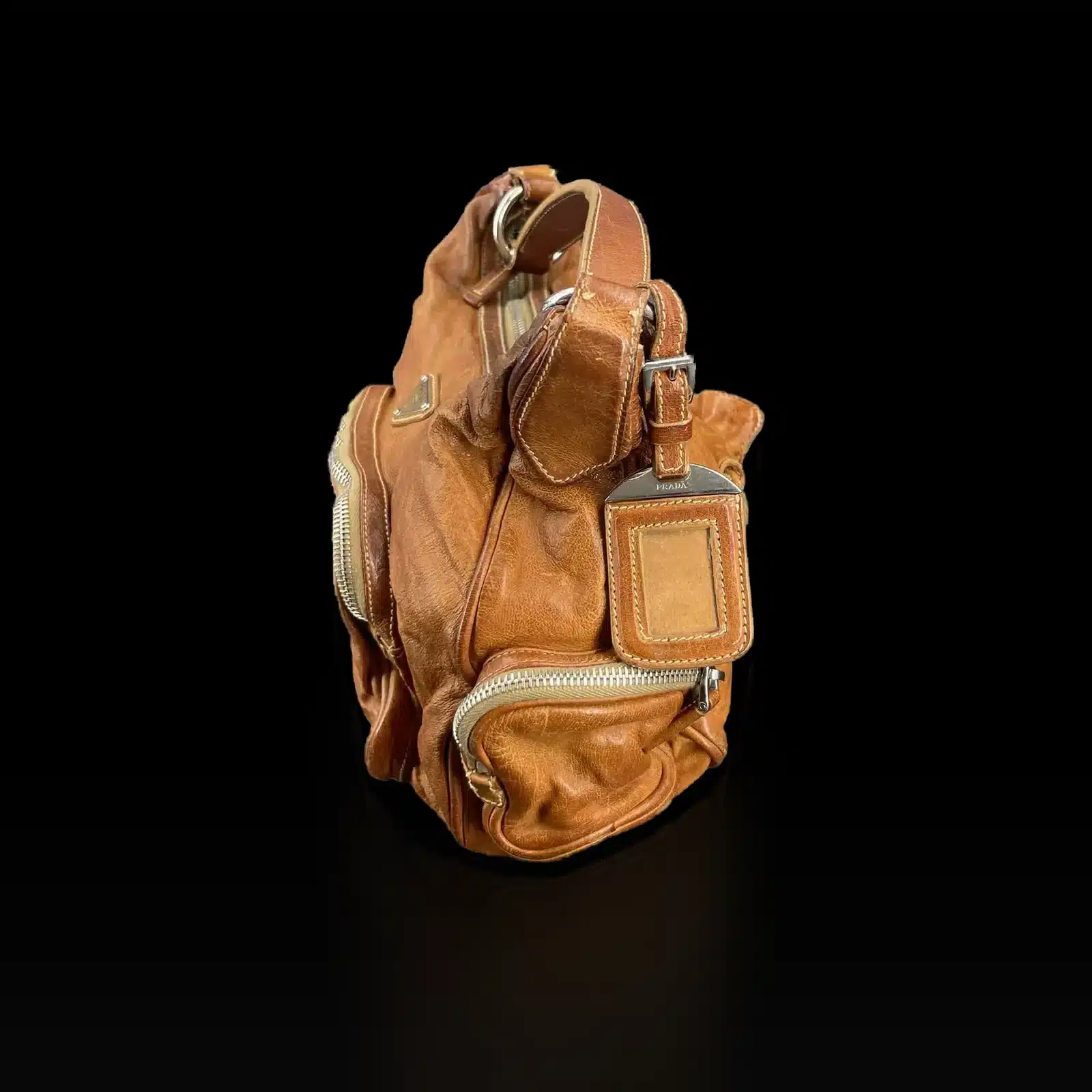 Prada Hobo Bag in Camel Distressed Leather with Zip Pockets – Size Small – 3