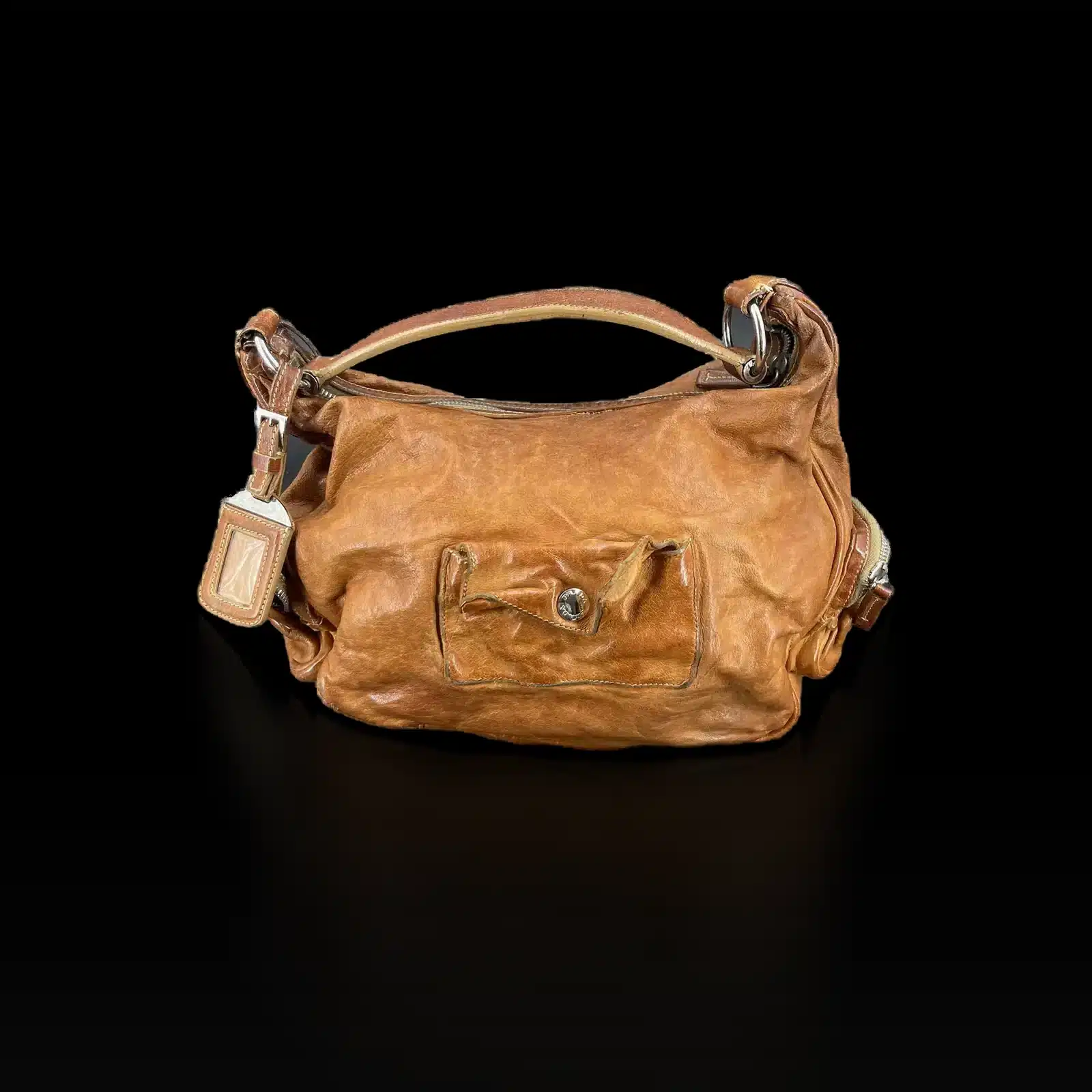 Prada Hobo Bag in Camel Distressed Leather with Zip Pockets – Size Small – 4