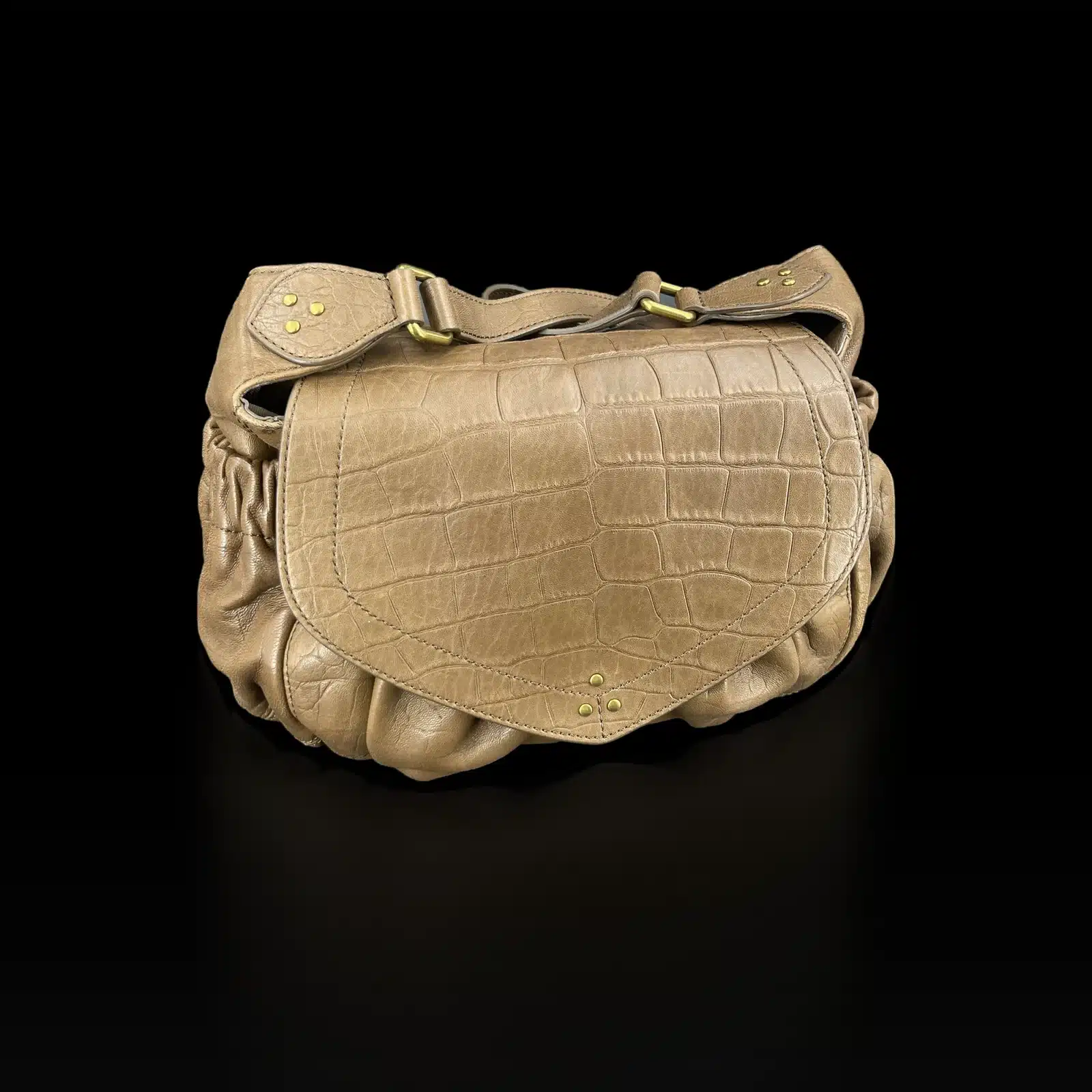 Sac Jérôme Dreyfuss Helmut taupe, rabat embossé effet croco et bandoulière ajustable