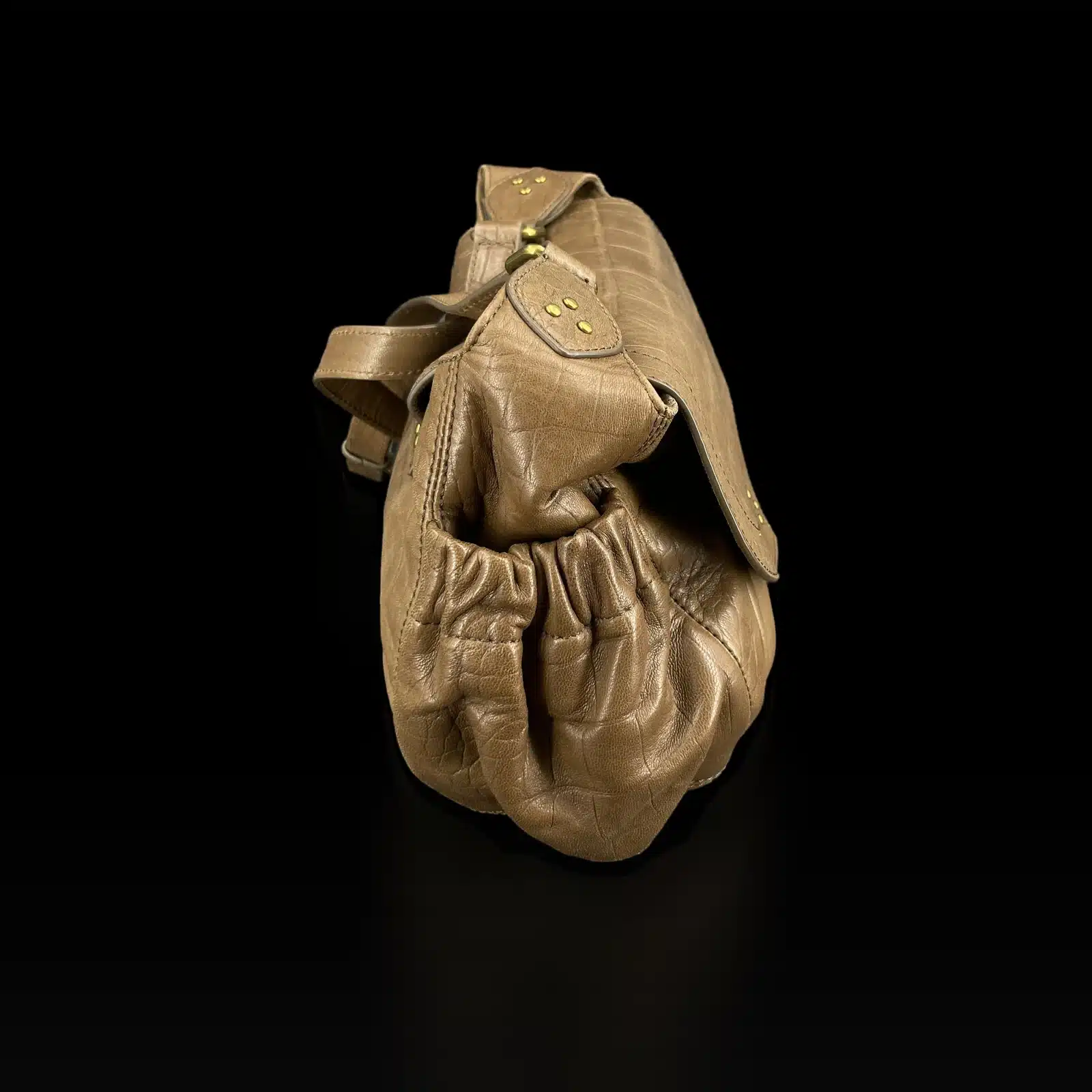 Sac Jérôme Dreyfuss Helmut taupe vu de côté, poche latérale froncée