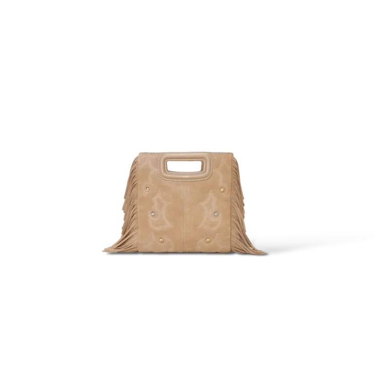 Sac Maje M Médium en Cuir Velours Beige à Franges et Broderies Western