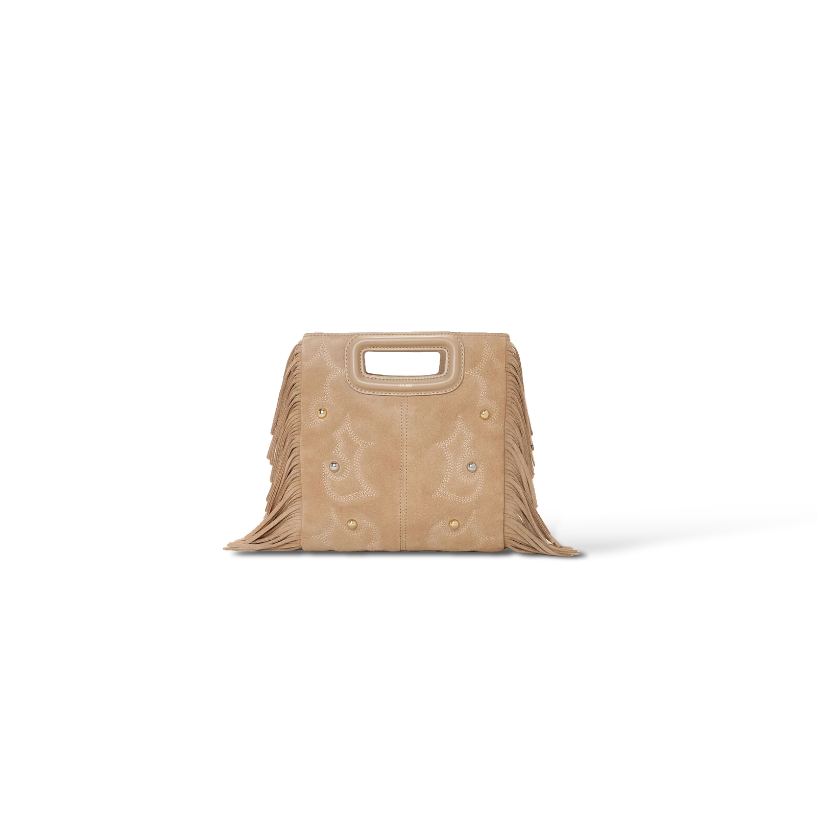 Sac Maje M Médium en Cuir Velours Beige à Franges et Broderies Western