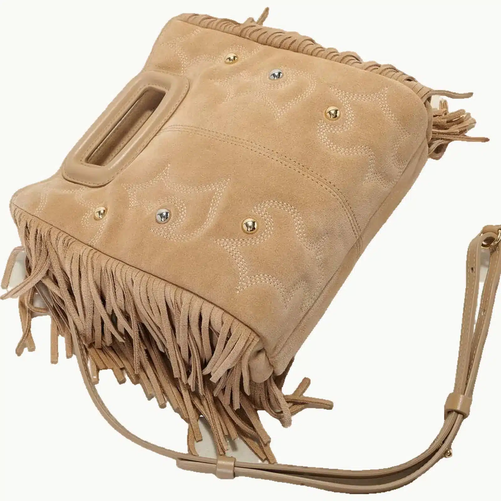 Sac Maje M en cuir velours beige vu de dessus, broderies western, clous et bandoulière