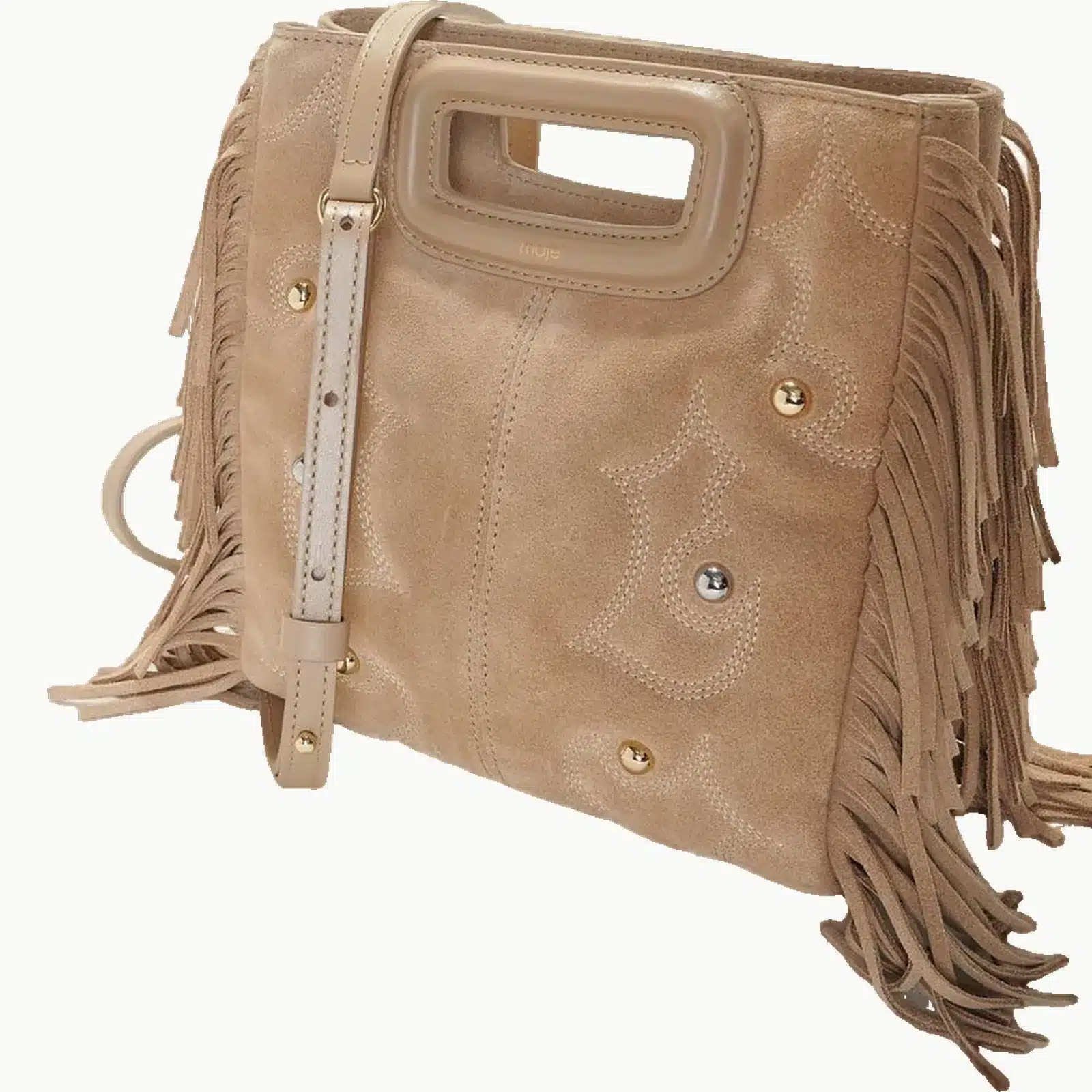 Sac Maje M en cuir velours beige de trois quarts, poignée M et bandoulière