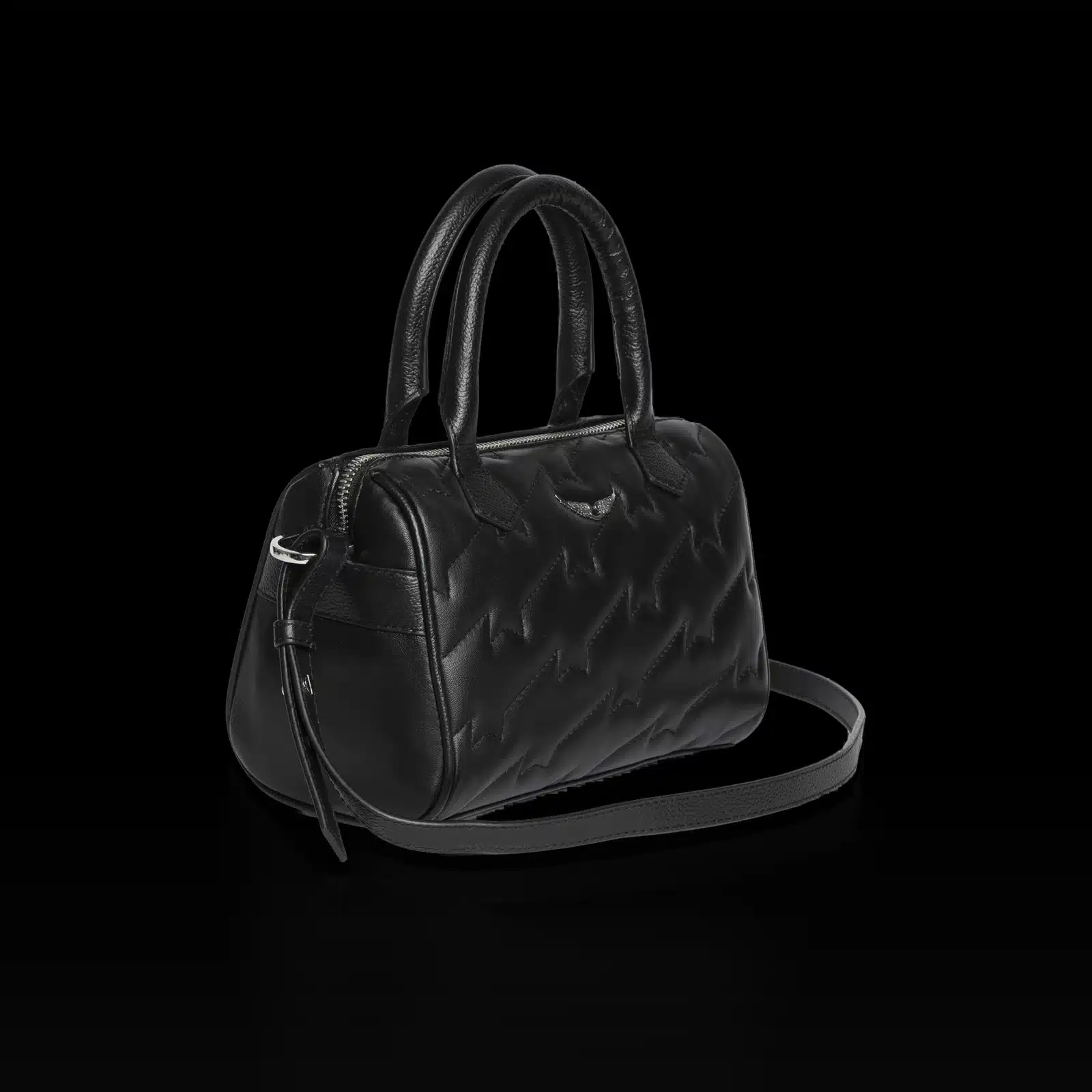 Sac Zadig et Voltaire Sunny noir, vue de trois quarts avec ailes argentées