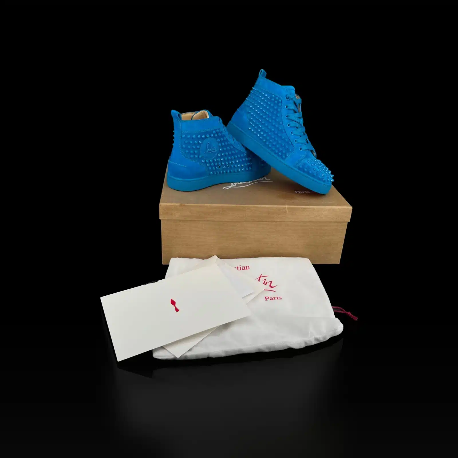 Sneakers Christian Louboutin Louis Spikes turquoise avec boîte, dustbag et cartes